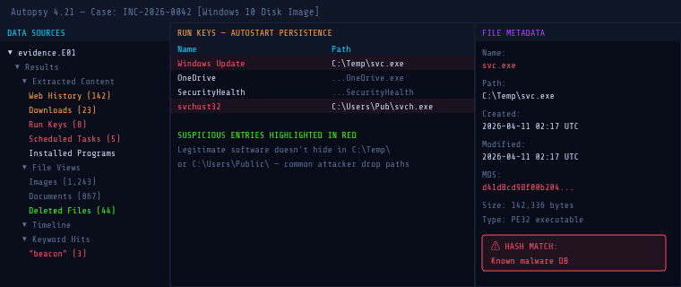 FIG 3.Autopsy&rsquo;s three-pane interface  artifact tree (left), results panel (middle), and content/metadata viewer (right). Here it has flagged two suspicious Run Key entries pointing to unusual paths  a classic persistence mechanism used by malware after initial access.